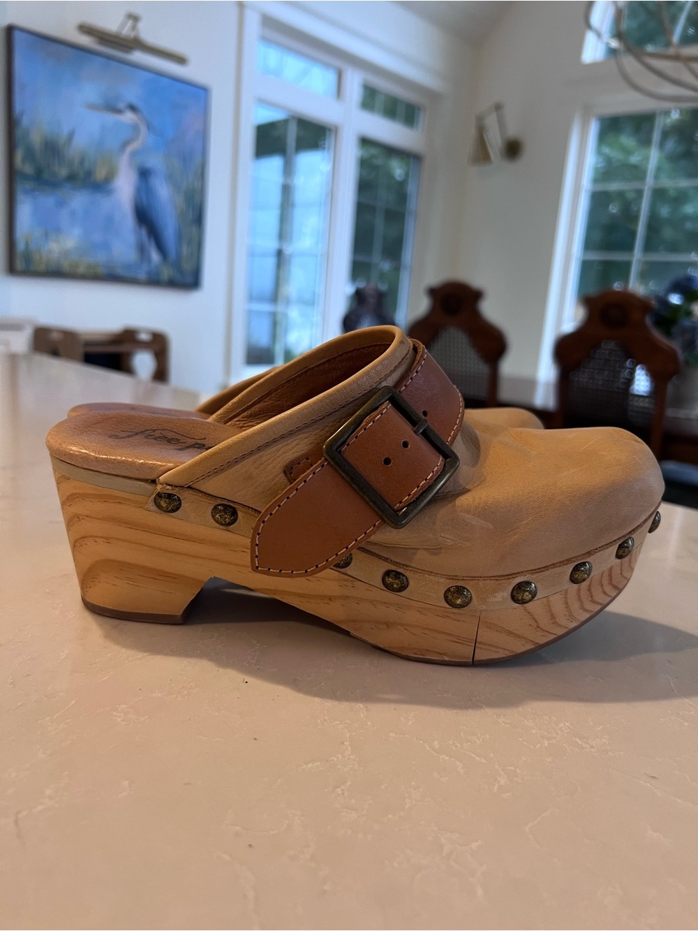 Free People Tan Leather Clog Mules with Buckle and Stud Accents